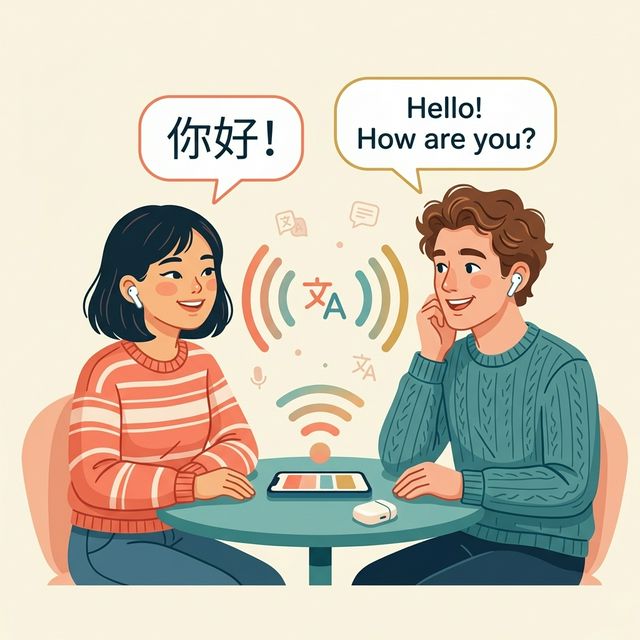 Two people using EarLink to hear each other in their own language
