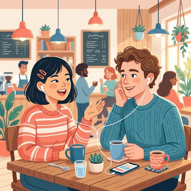 Two people having a conversation in a cafe using EarLink translation earbuds