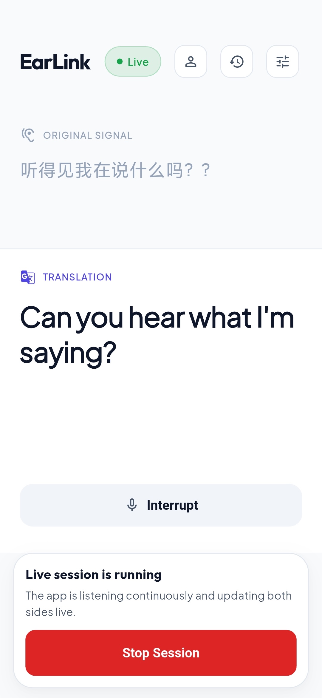 EarLink Solo mode showing live speech and translation